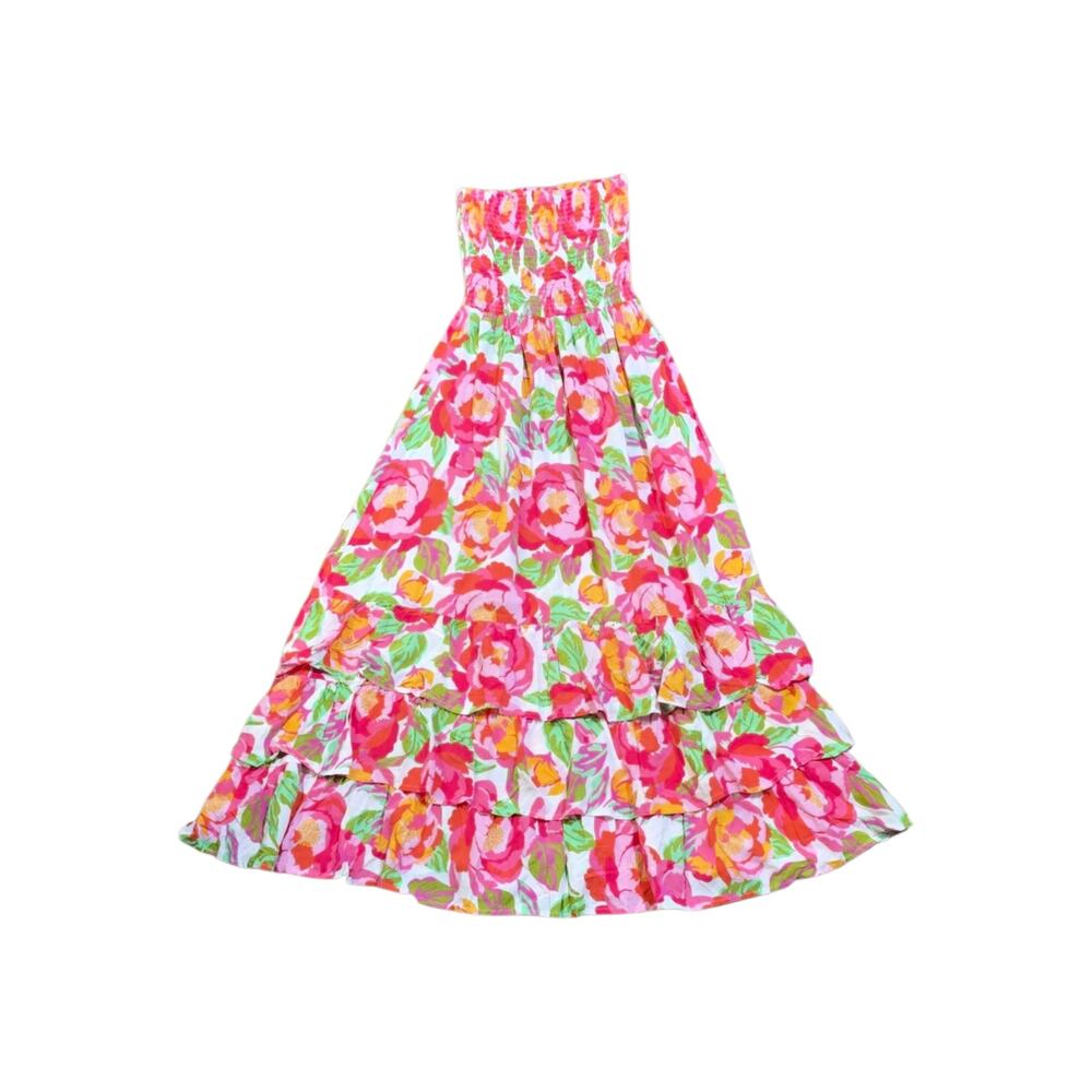 Abel The Label Boho Floral Smocked Strapless Maxi Dress Tiered Ruffle Hem Small